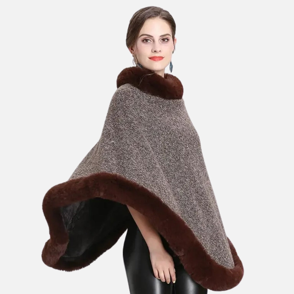 Poncho Bordé de Fourrure - Marron