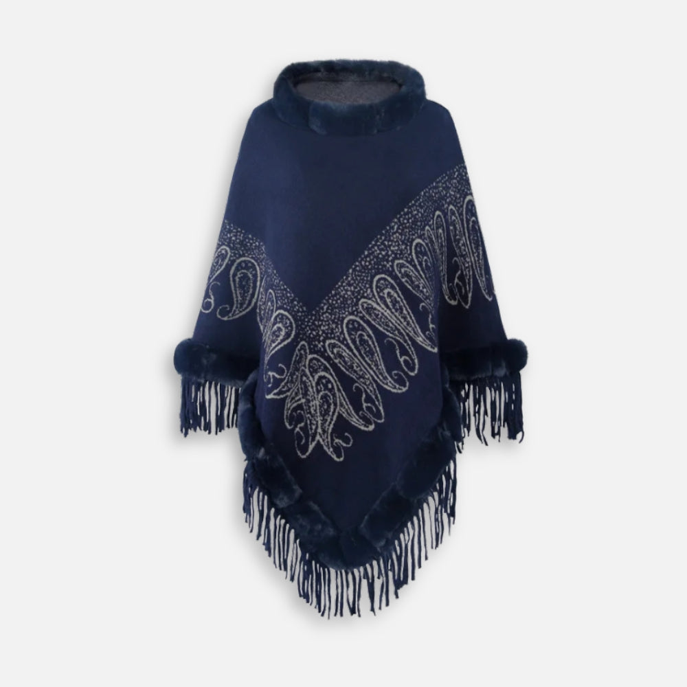 Poncho Chaud Franges - Bleu Marine