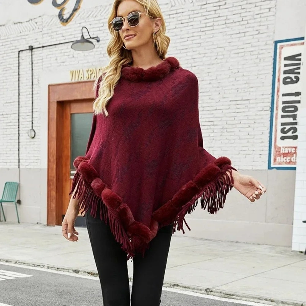 Poncho Col Fourrure Femme - Noir