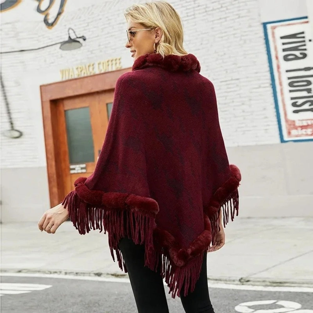 Poncho Col Fourrure Femme - Bleu Marine