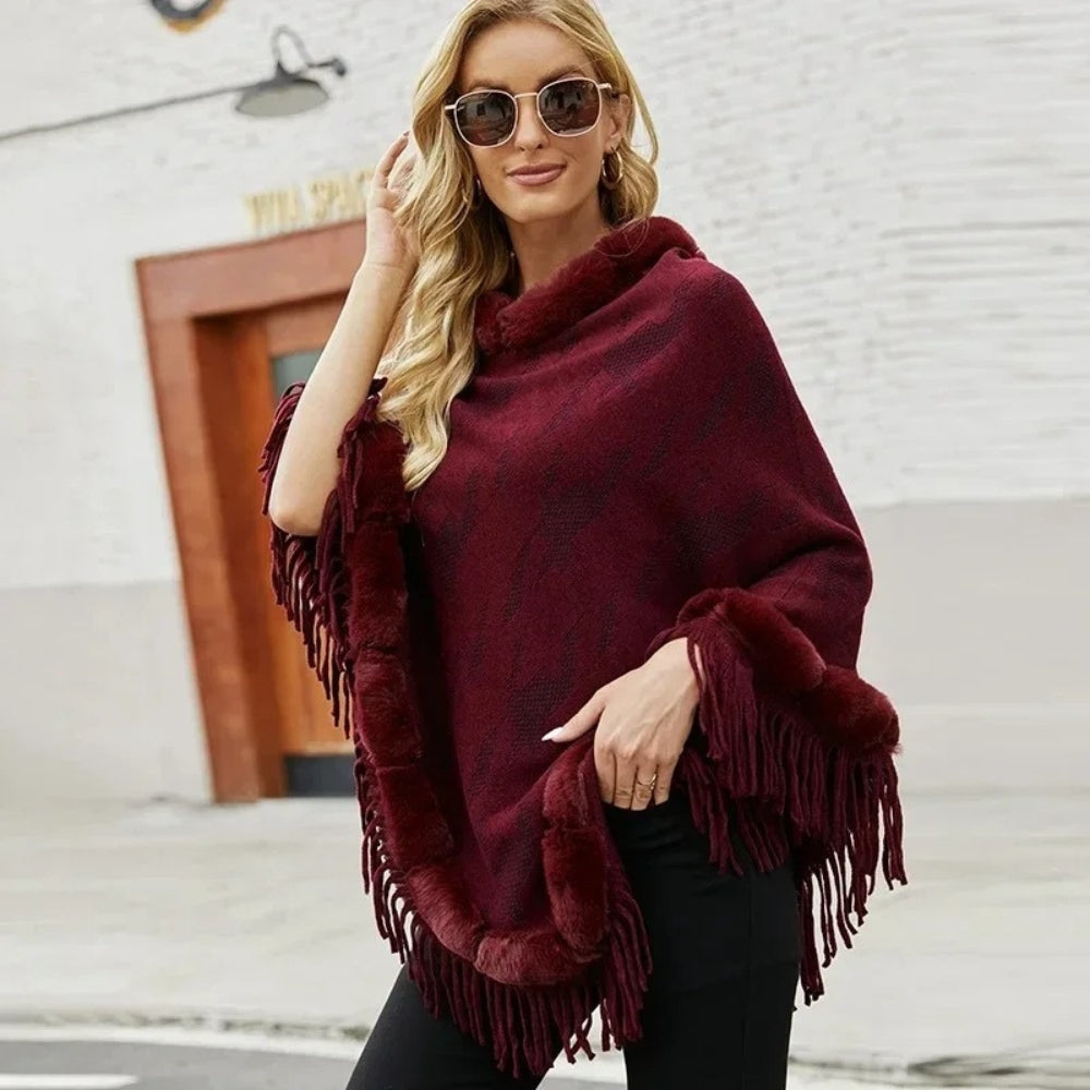 Poncho Col Fourrure Femme - Gris