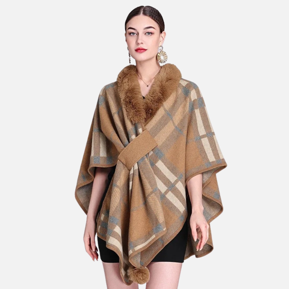 Poncho Col Fourrure à Carreaux - Bleu Marine