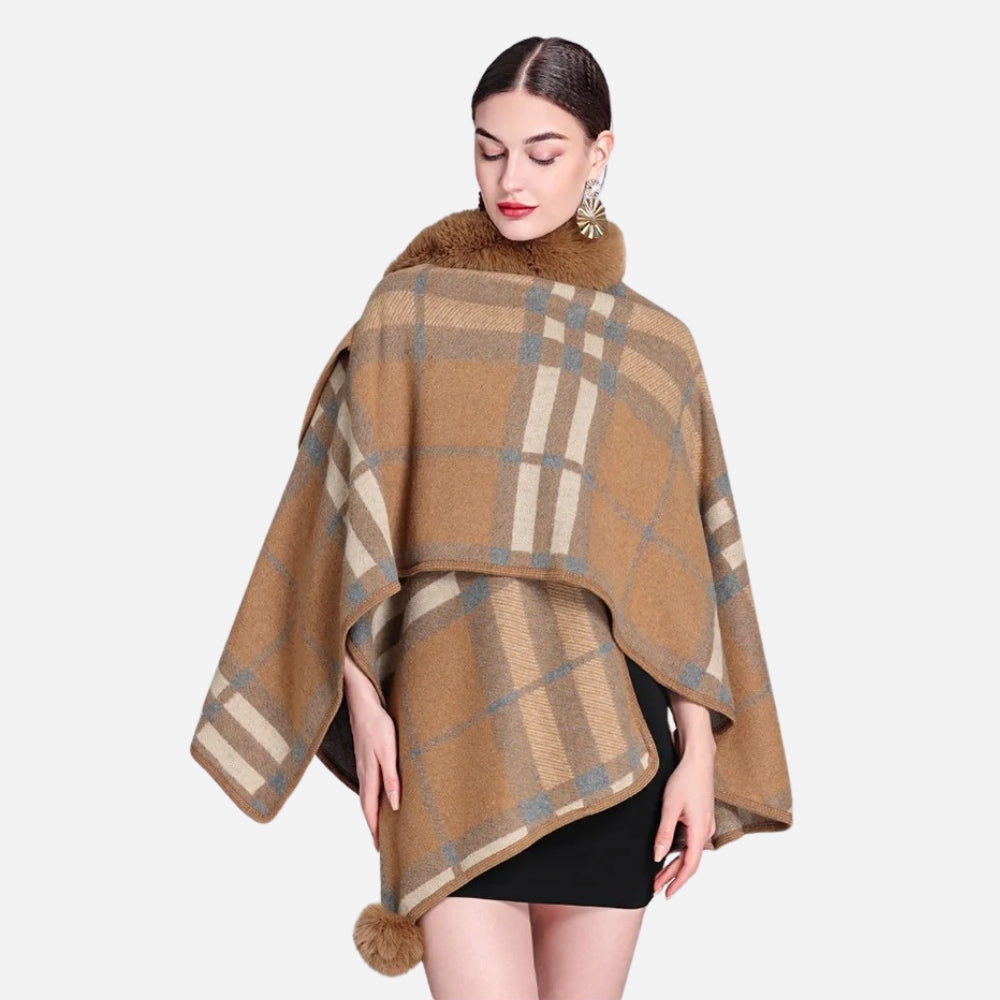 Poncho Col Fourrure à Carreaux - Rouge