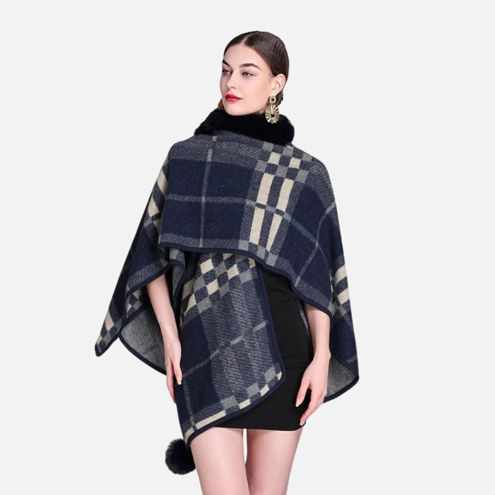 Poncho Col Fourrure à Carreaux - étiquette
