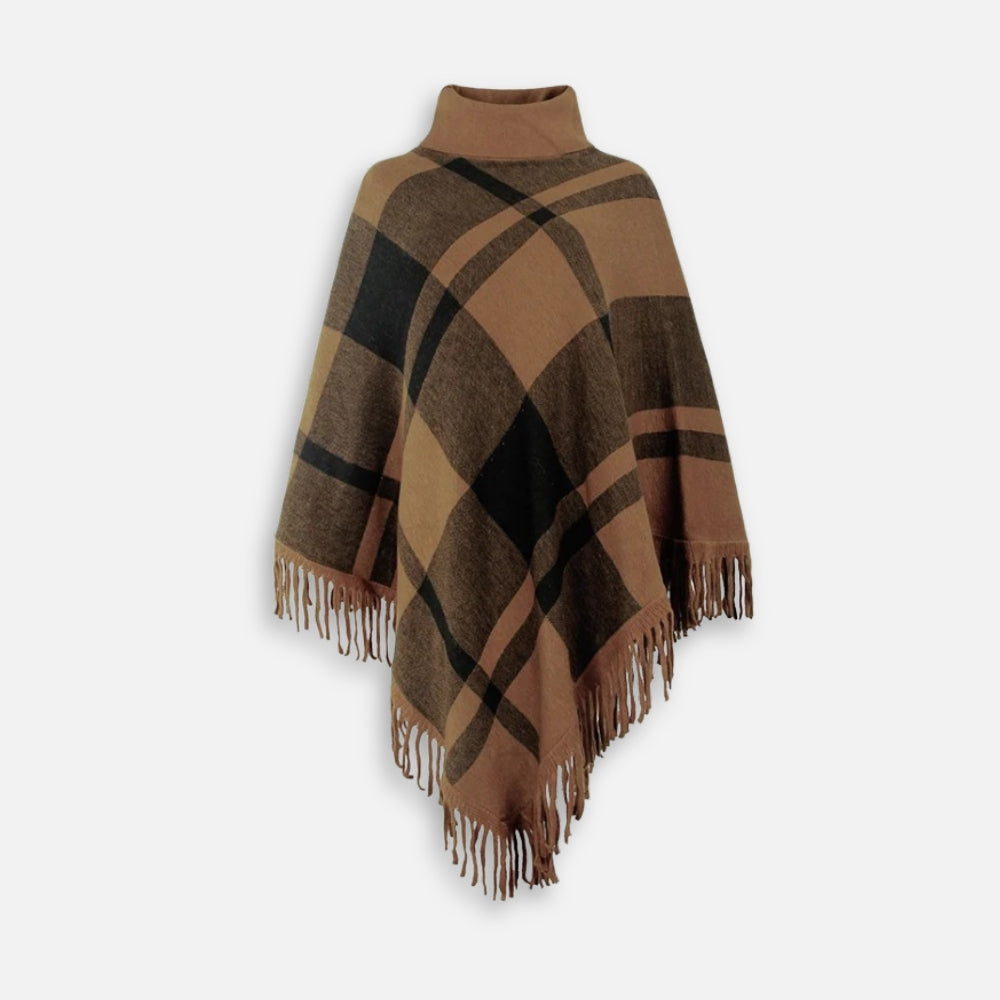 Poncho Col Roulé à Franges - Marron