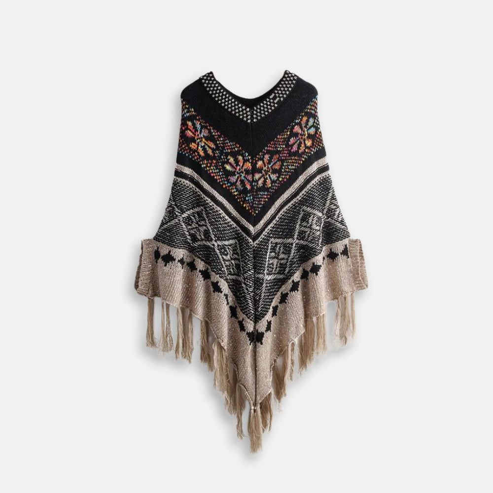 Poncho Ethnique Franges - Noir