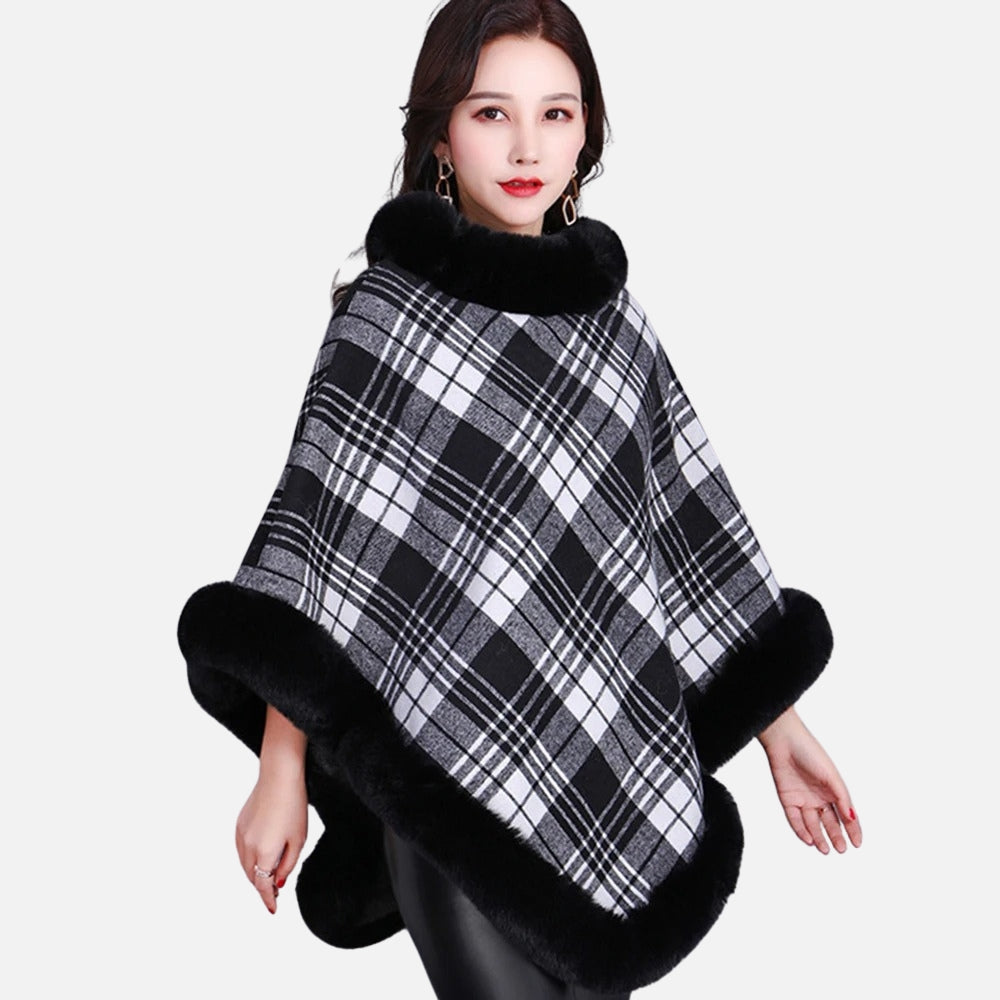 Poncho Femme Avec Finitions Fourrure - Gris