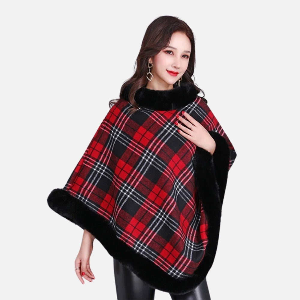 Poncho Femme Avec Finitions Fourrure - Marron