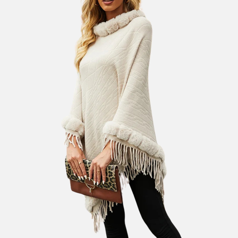 Poncho Fourrure Avec Franges - Gris