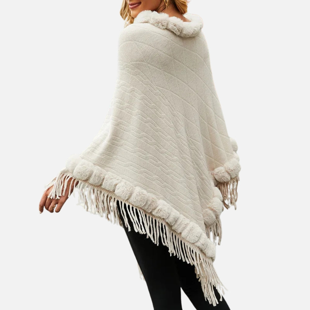 Poncho Fourrure Avec Franges - Bordeaux