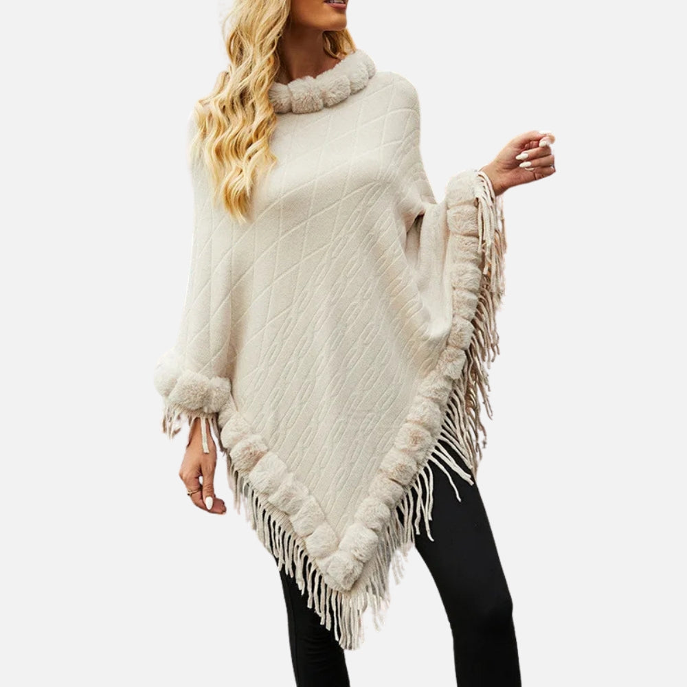 Poncho Fourrure Avec Franges - Marron