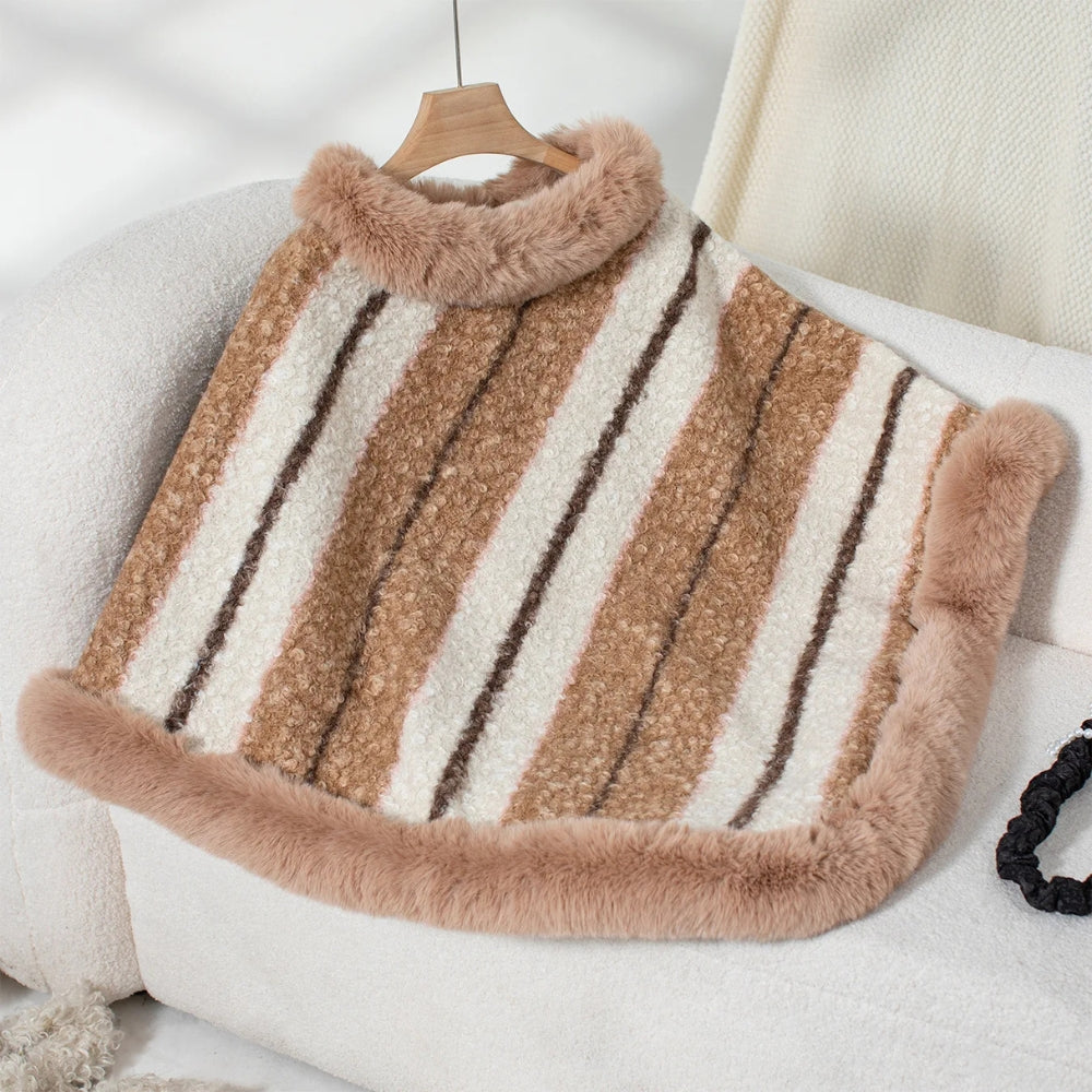 Poncho Fourrure Rayure - Blanc