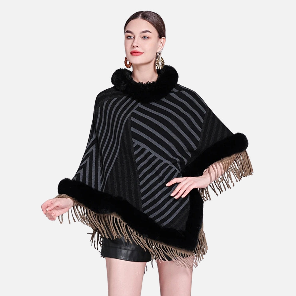 Poncho Fourrure à Rayures - Bordeaux