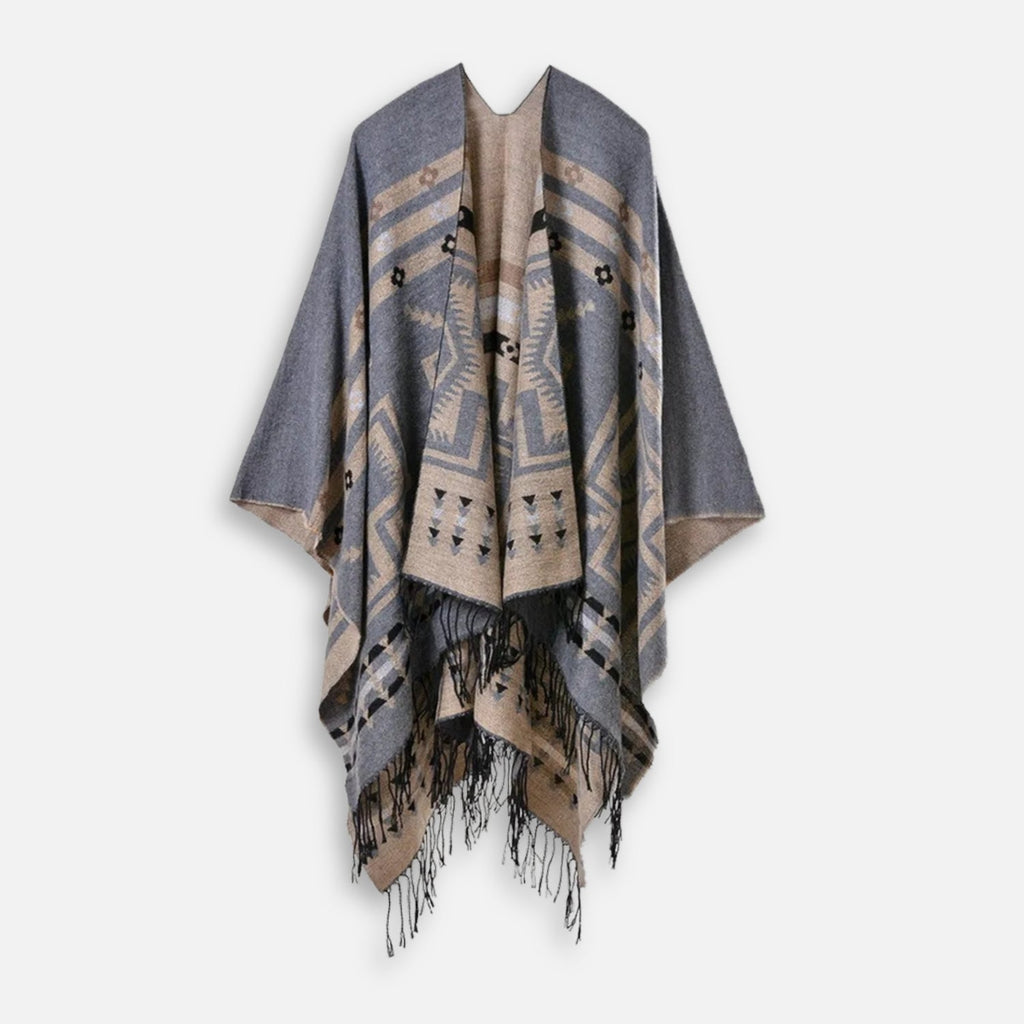Poncho Gris Motifs Croix Mexicaine - dos
