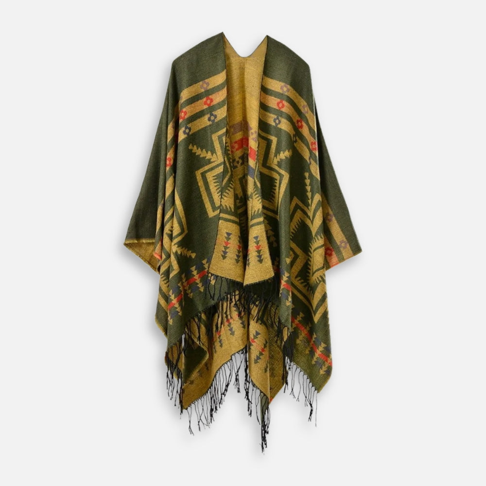 Poncho Kaki Motif Croix Mexicaine - dos