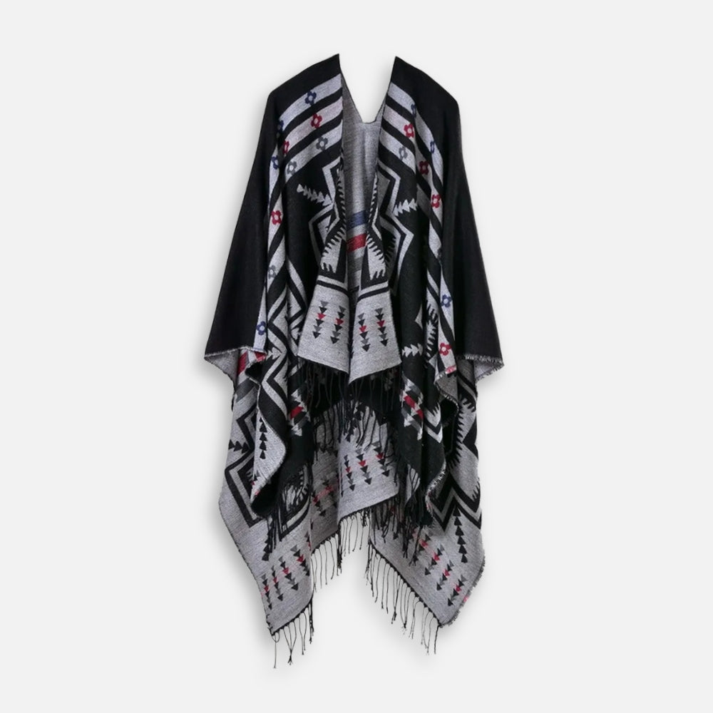 Poncho Noir Motifs Croix Mexicaine - dos