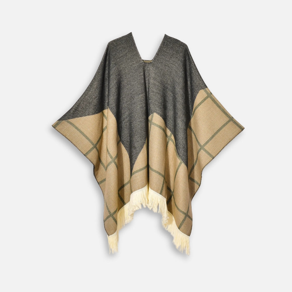 Poncho Péruvien Motifs à Carreaux - Gris