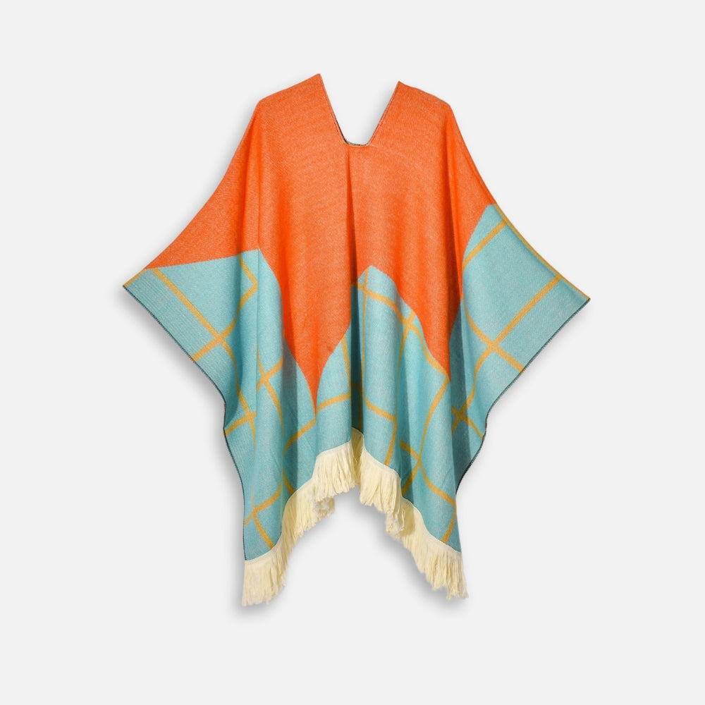Poncho Péruvien Motifs à Carreaux - Orange