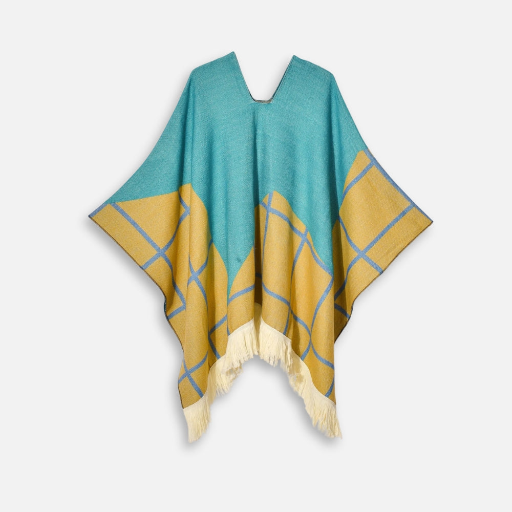 Poncho Péruvien Motifs à Carreaux - Turquoise