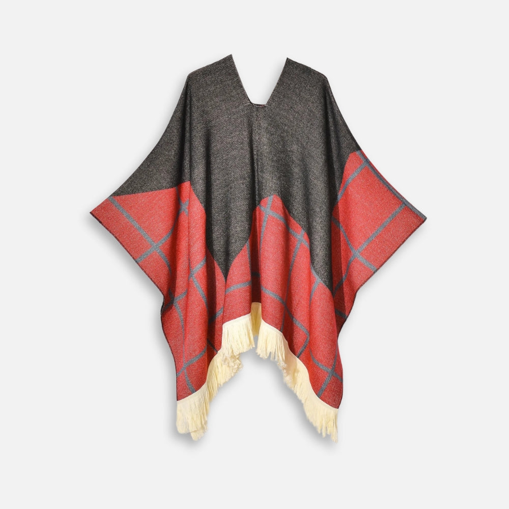 Poncho Péruvien Motifs à Carreaux - Rouge