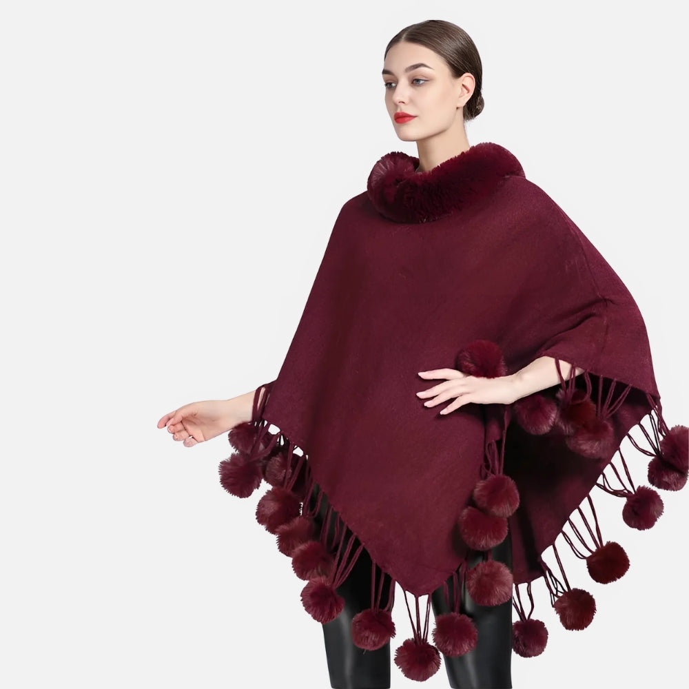 Poncho Femme Pompon - Rose