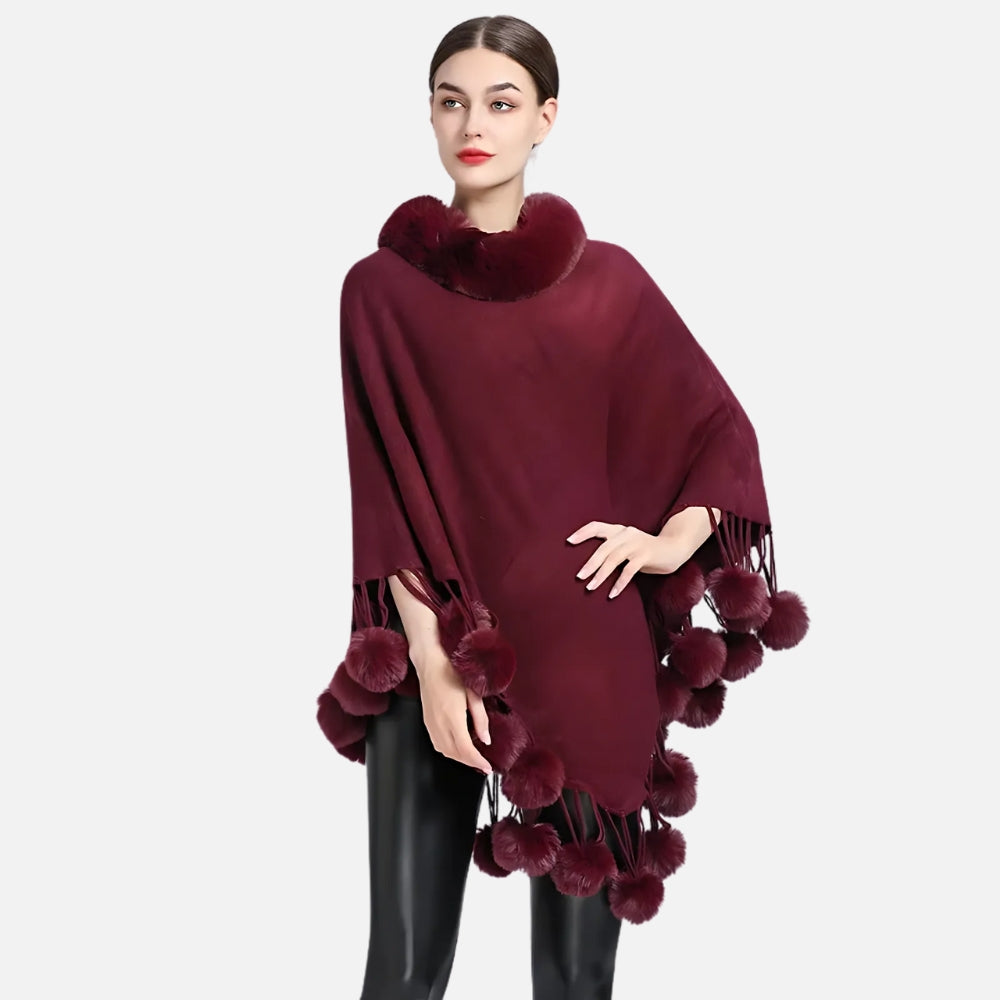 Poncho Femme Pompon - Marron
