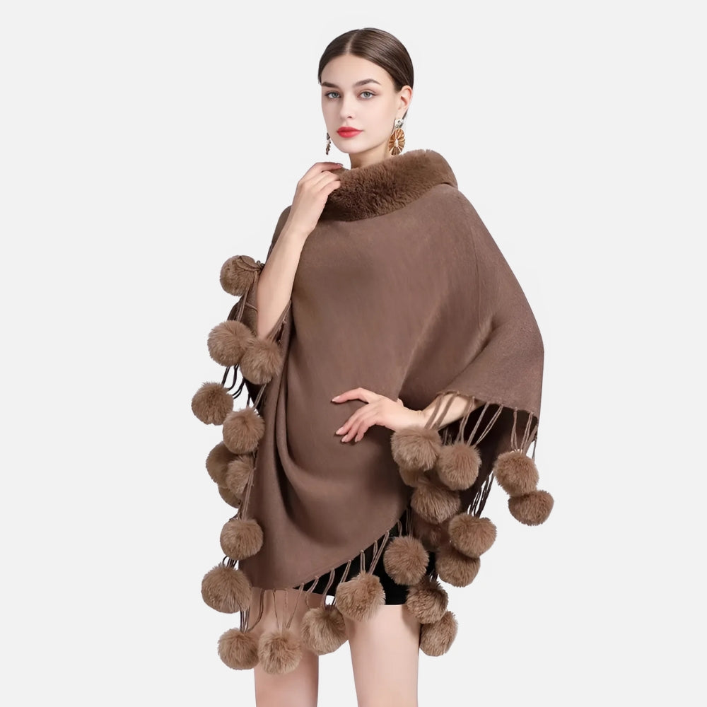 Poncho Femme Pompon - Noir