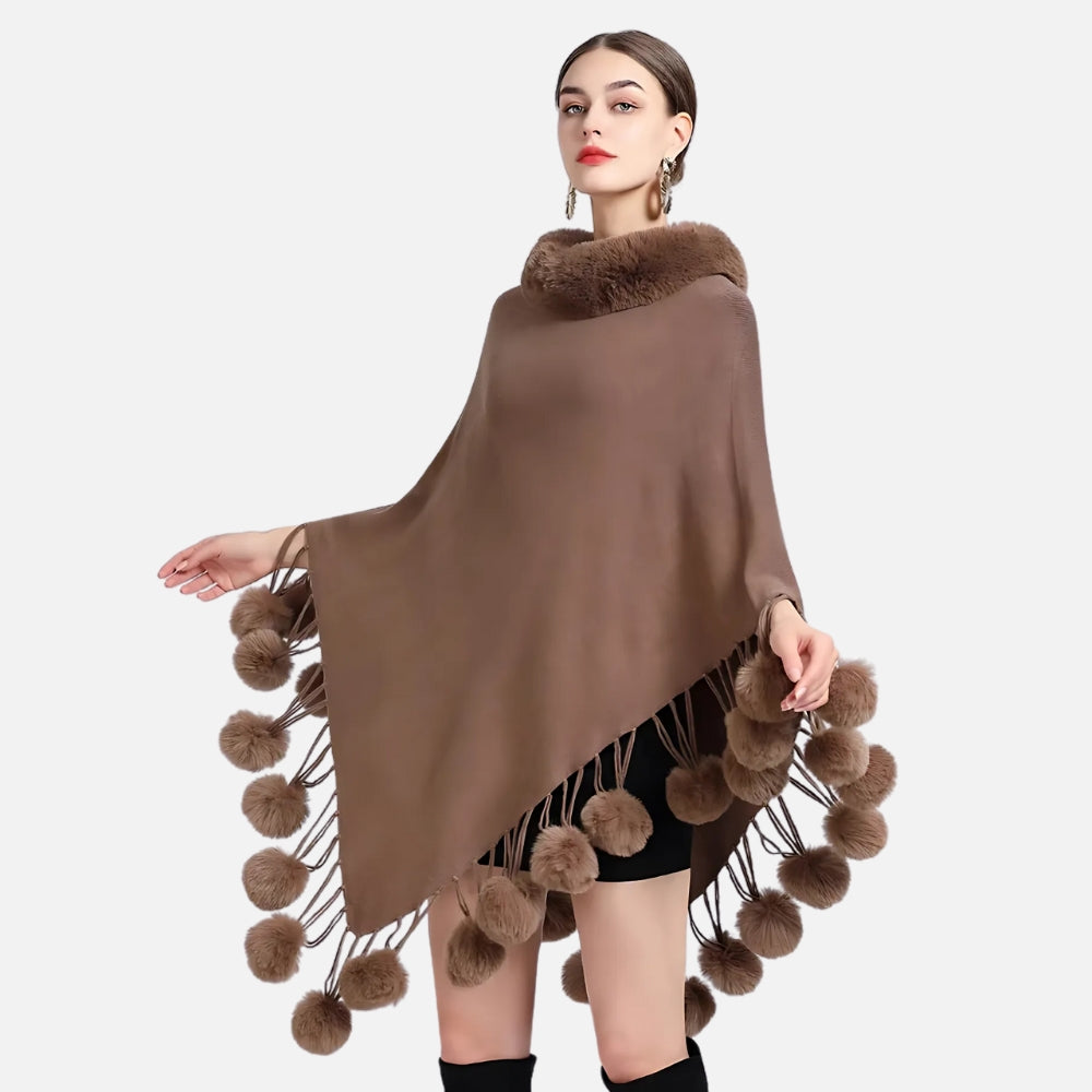 Poncho Femme Pompon - Blanc