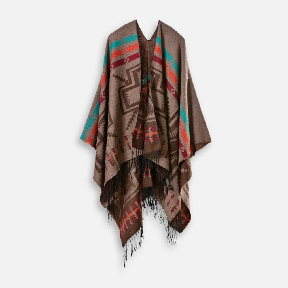 Poncho Marron Motif Croix Mexicaine - dos