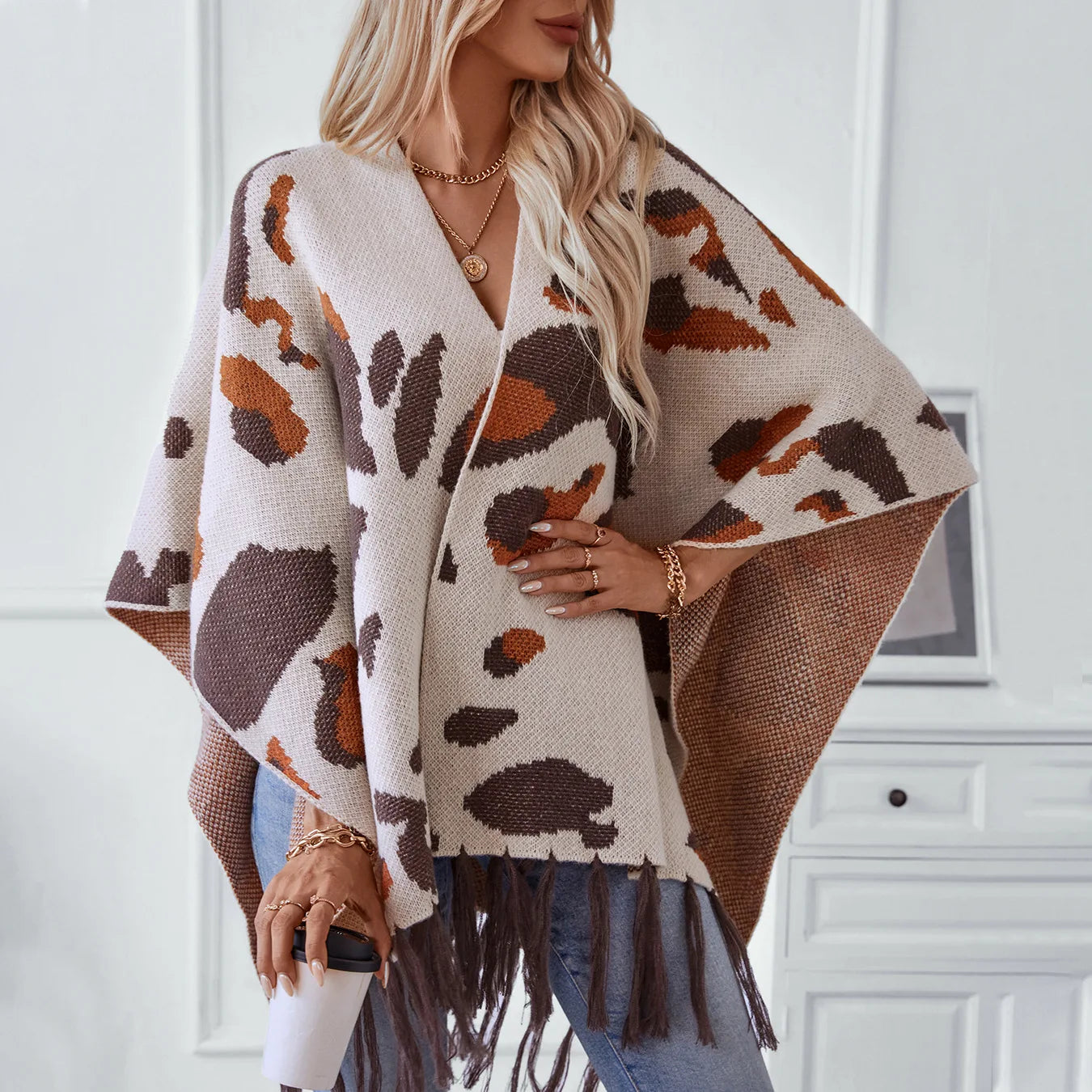 Cape Poncho À Franges - Gris