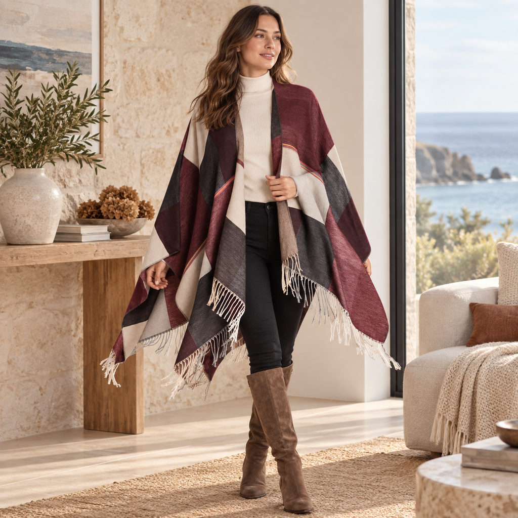 Cape Femme Chic – Bordeaux / Adulte, dans un intérieur côtier lumineux