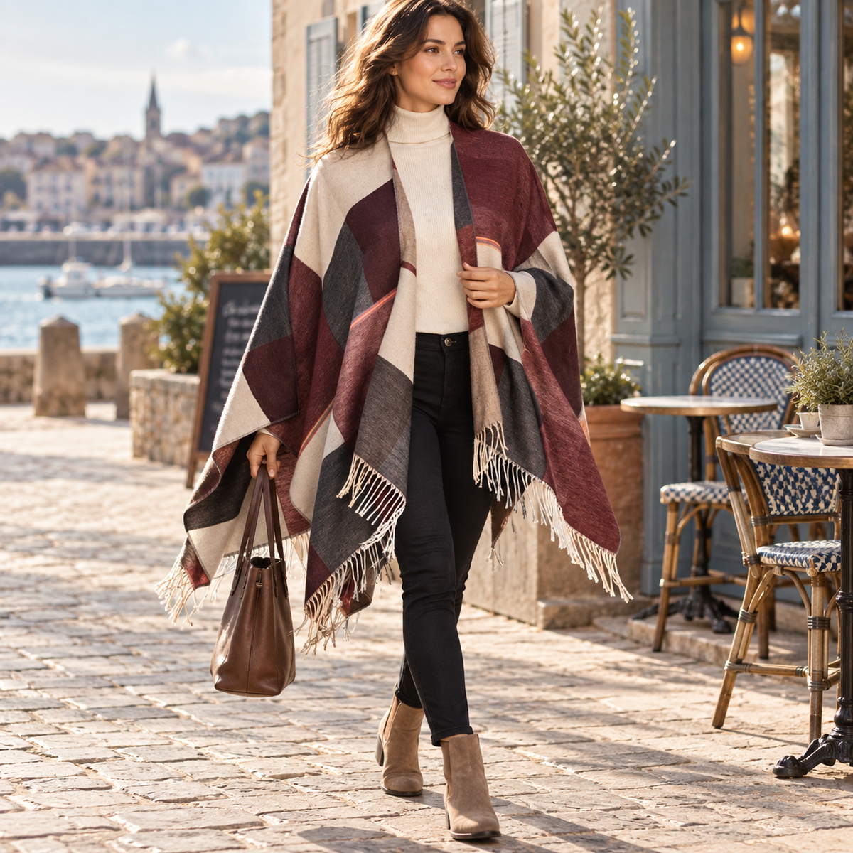 Cape Femme Chic – Bordeaux / Adulte, porté en mouvement au bord de l’océan