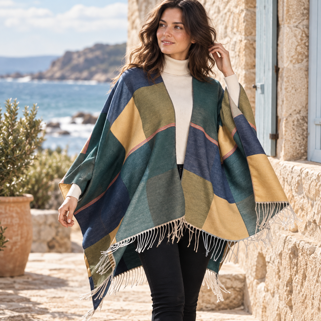 Cape Femme Chic – Vert / Adulte, dans un intérieur côtier lumineux