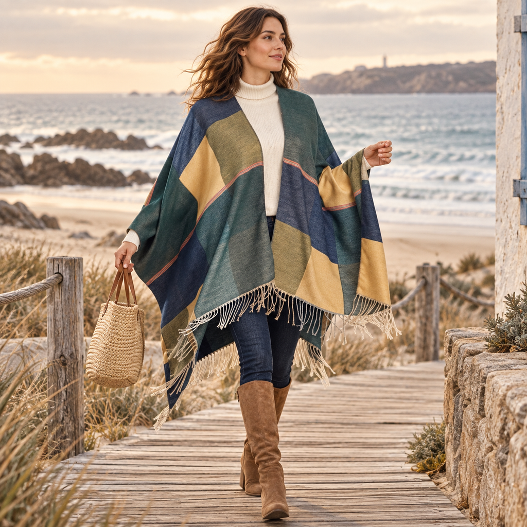 Cape Femme Chic – Vert / Adulte, porté en mouvement au bord de l’océan