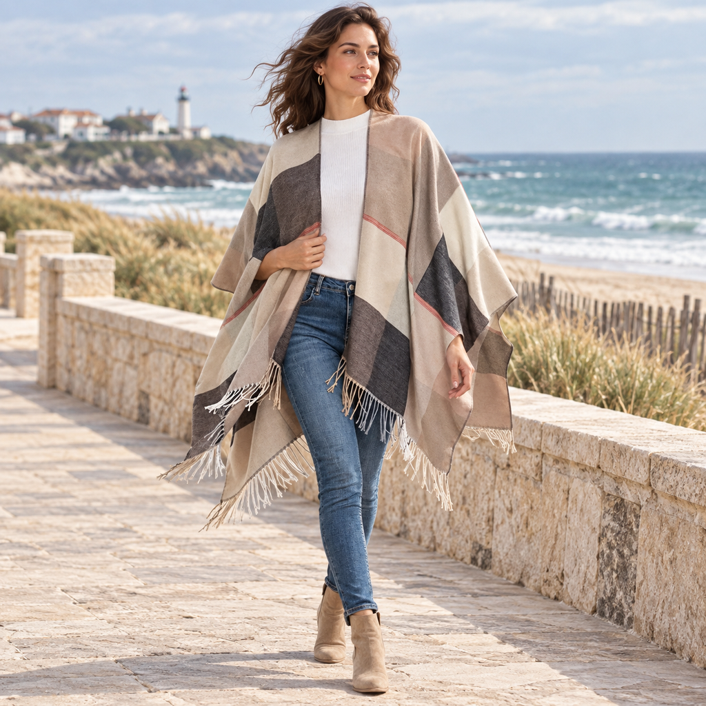 Cape Femme Chic – Beige / Adulte, en situation sur la côte Atlantique