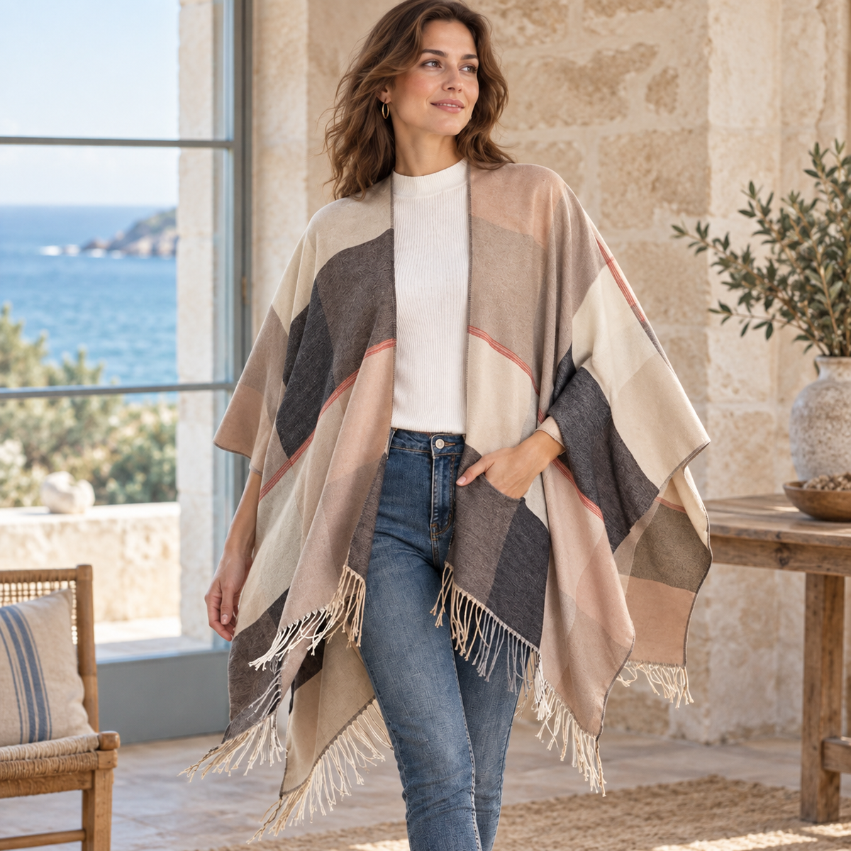 Cape Femme Chic – Beige / Adulte, dans un intérieur côtier lumineux