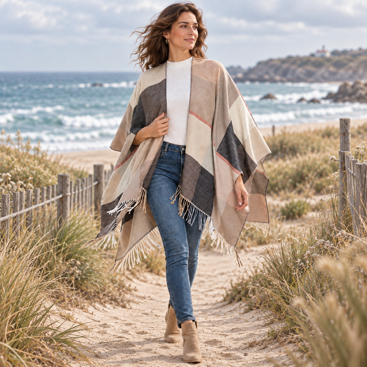 Cape Femme Chic – Beige / Adulte, porté en mouvement au bord de l’océan