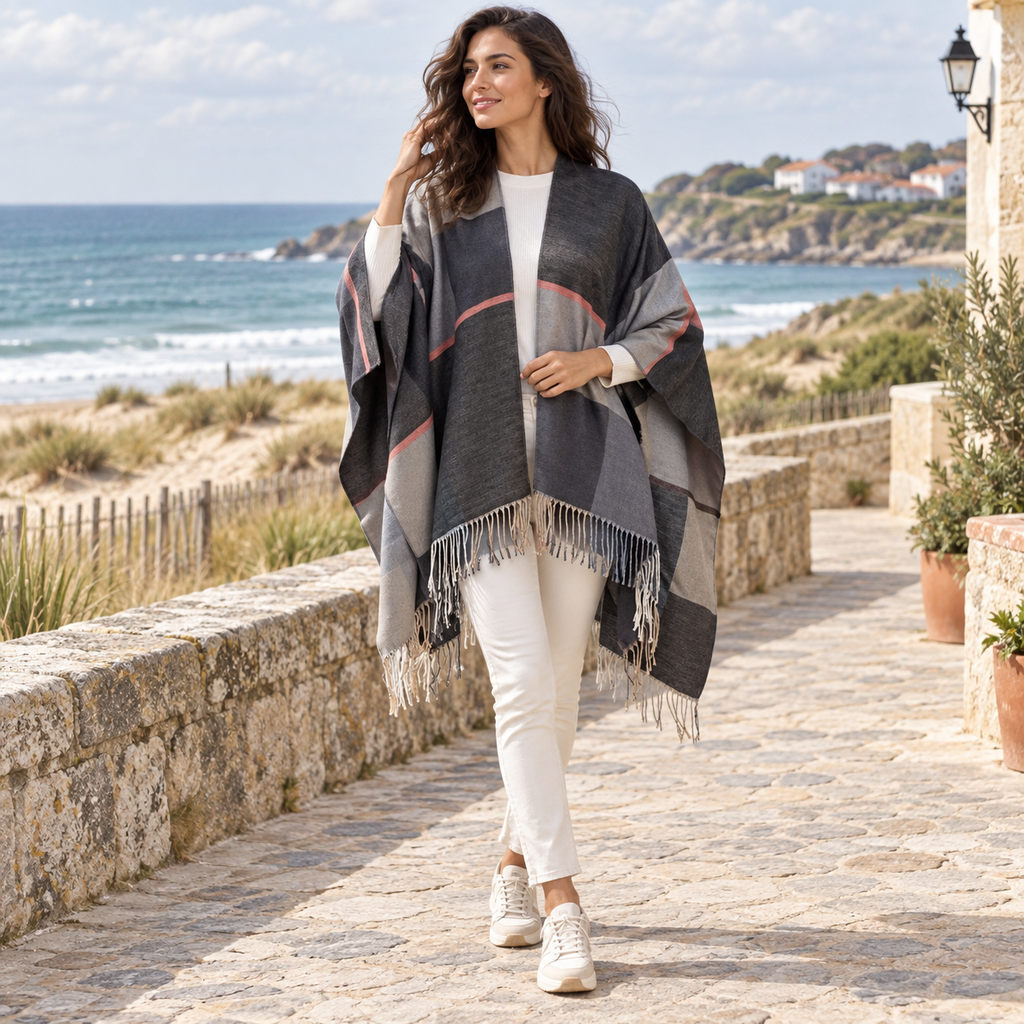 Cape Femme Chic – Gris / Adulte, en situation sur la côte Atlantique