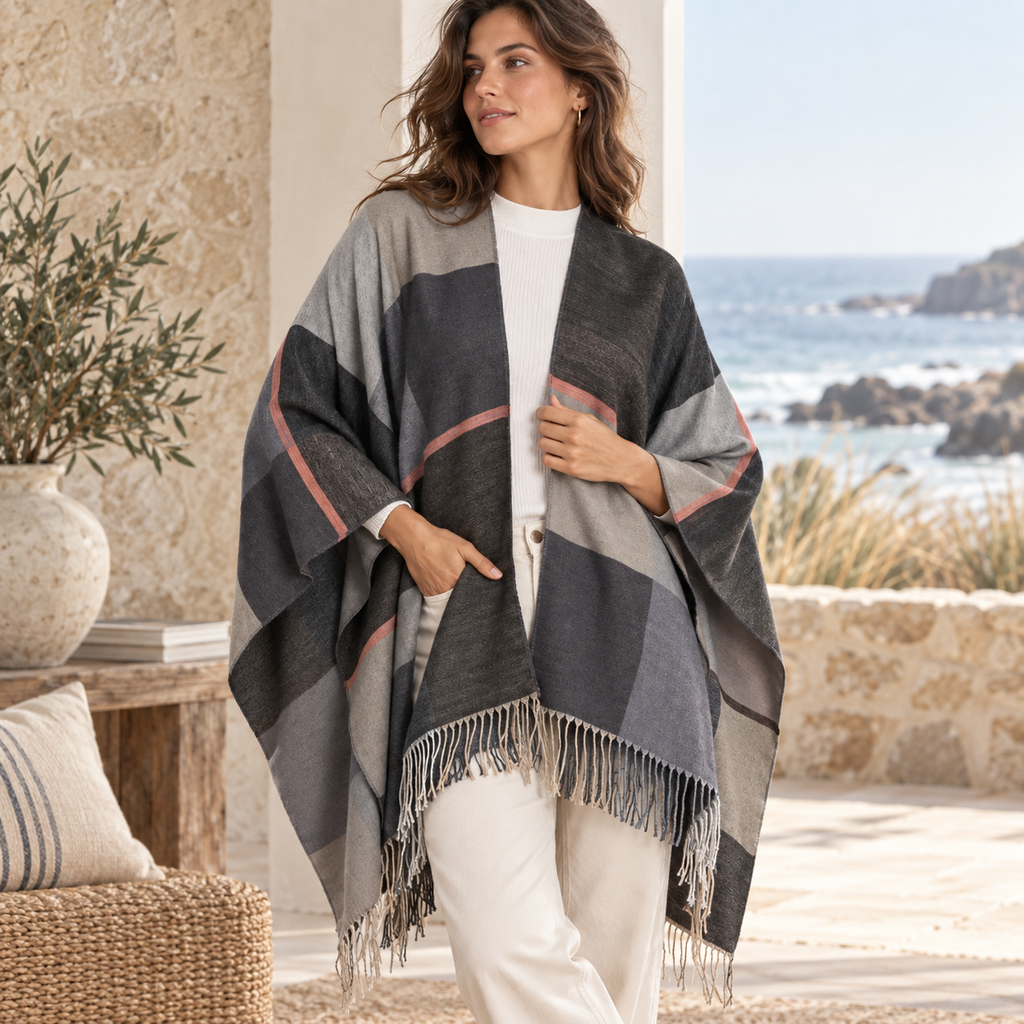 Cape Femme Chic – Gris / Adulte, dans un intérieur côtier lumineux