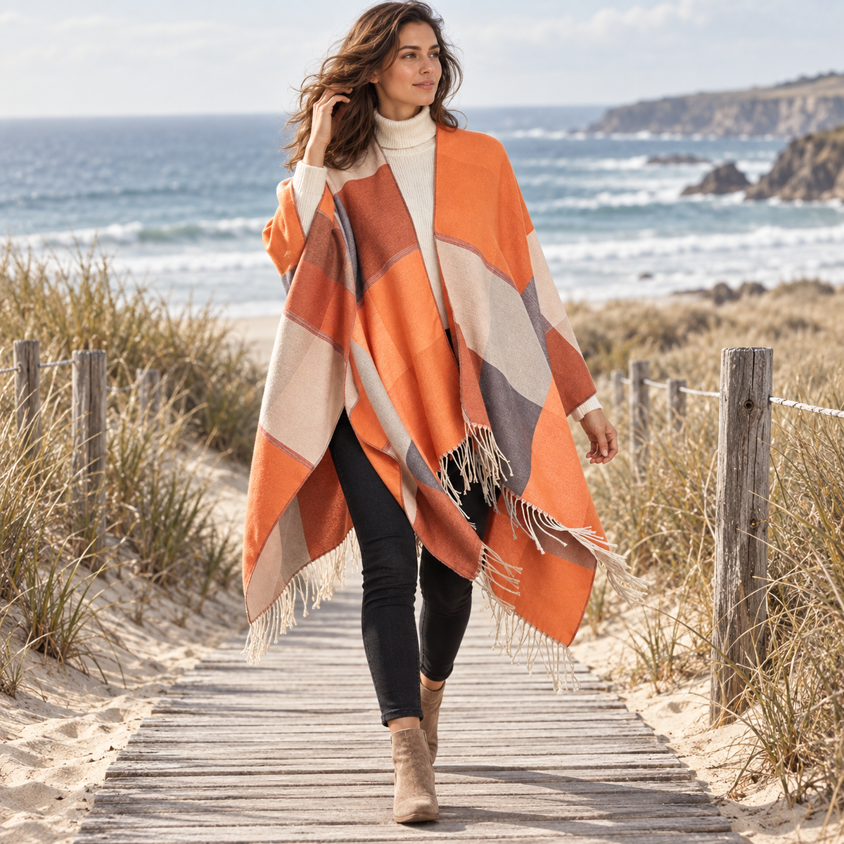Cape Femme Chic – Orange / Adulte, porté en mouvement au bord de l’océan