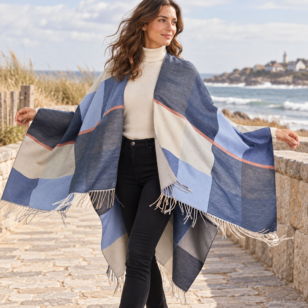 Cape Femme Chic – Bleu / Adulte, en situation sur la côte Atlantique