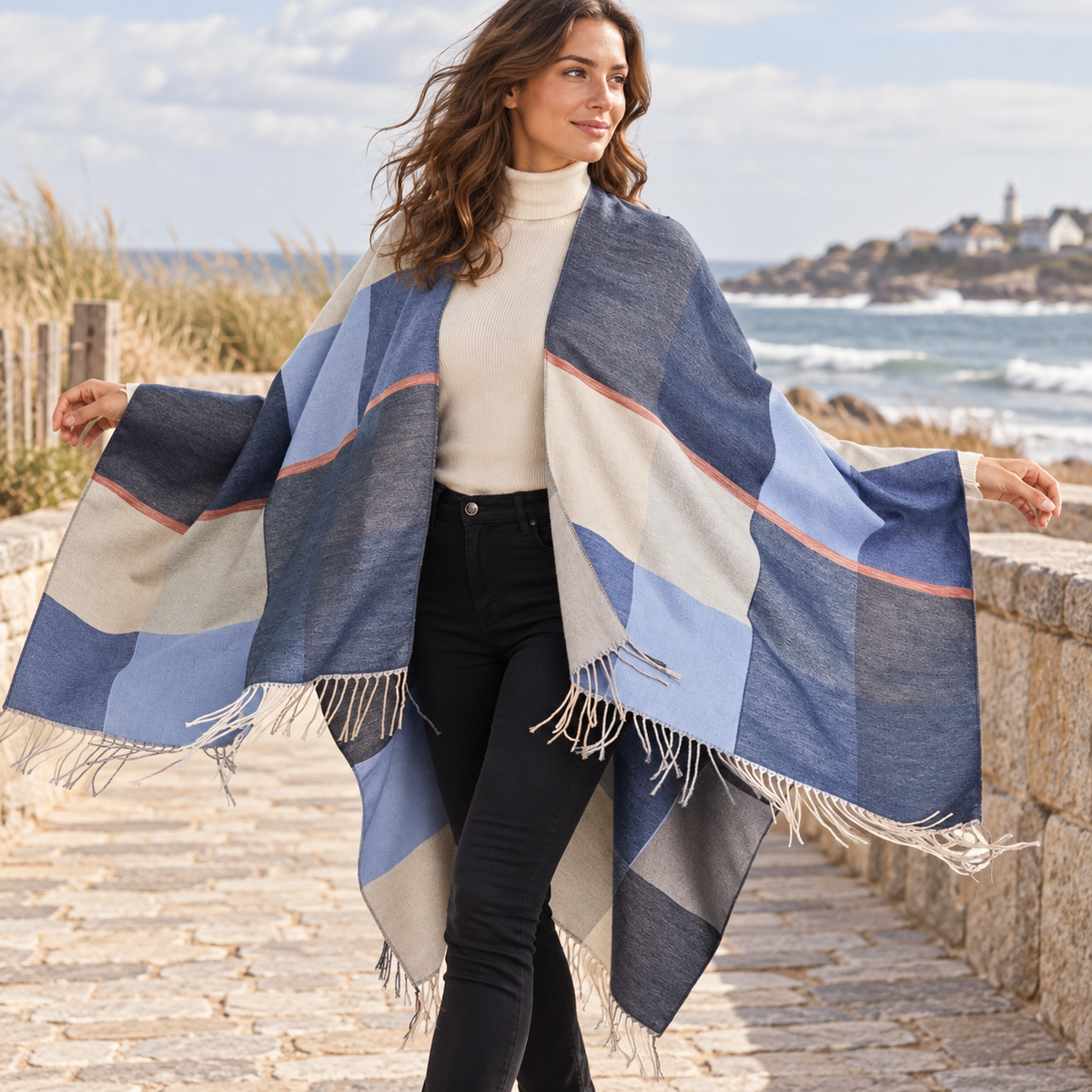 Cape Femme Chic – Bleu / Adulte, en situation sur la côte Atlantique