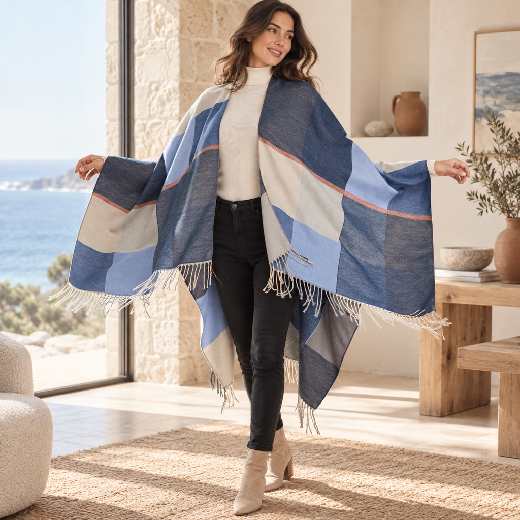 Cape Femme Chic – Bleu / Adulte, dans un intérieur côtier lumineux