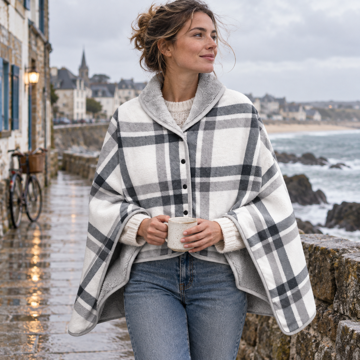 Cape Poncho à Carreaux – Blanc / Adulte, dans un intérieur côtier lumineux