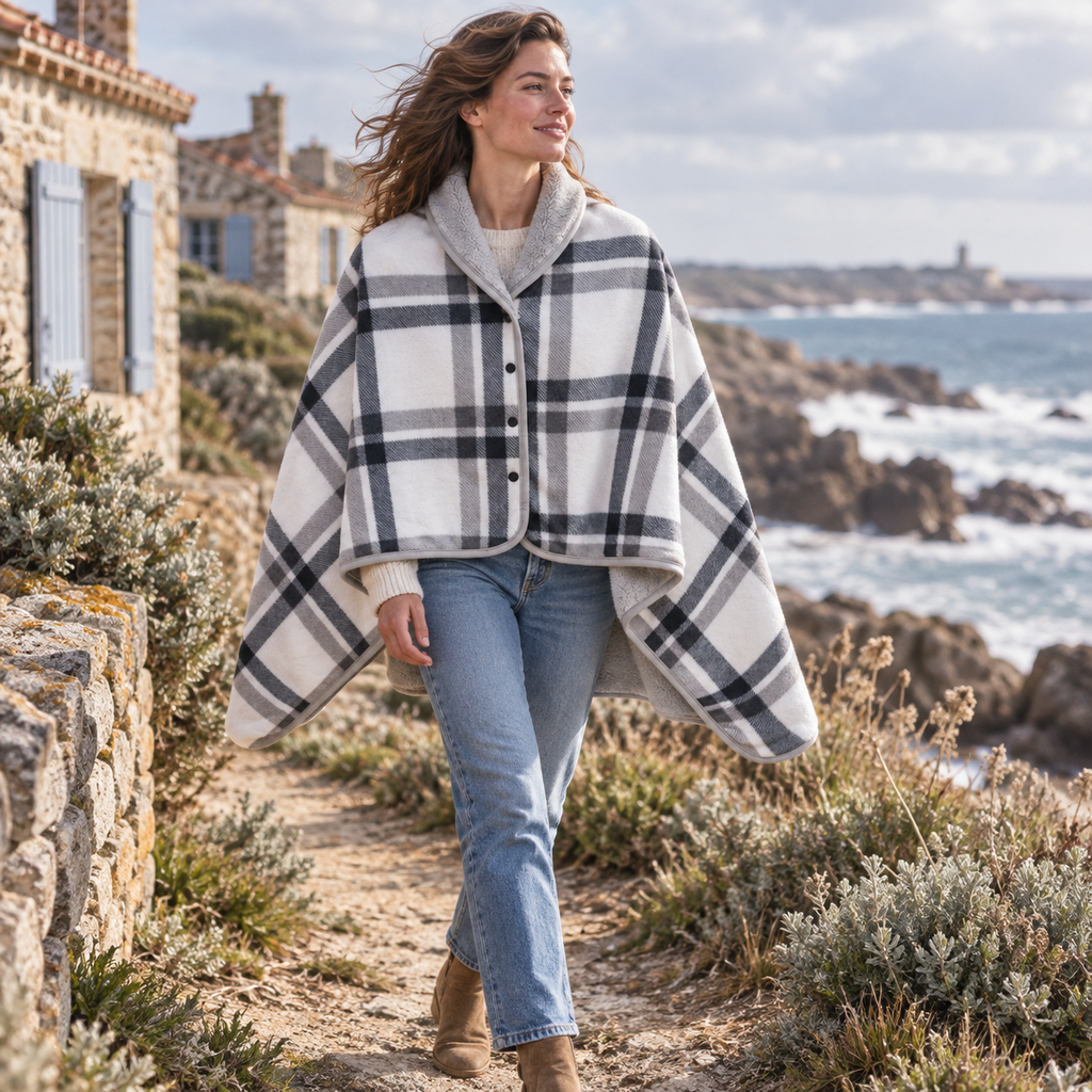 Cape Poncho à Carreaux – Blanc / Adulte, porté en mouvement au bord de l’océan