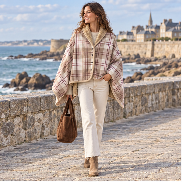 Cape Poncho à Carreaux Beige – Beige / Adulte, en situation sur la côte Atlantique