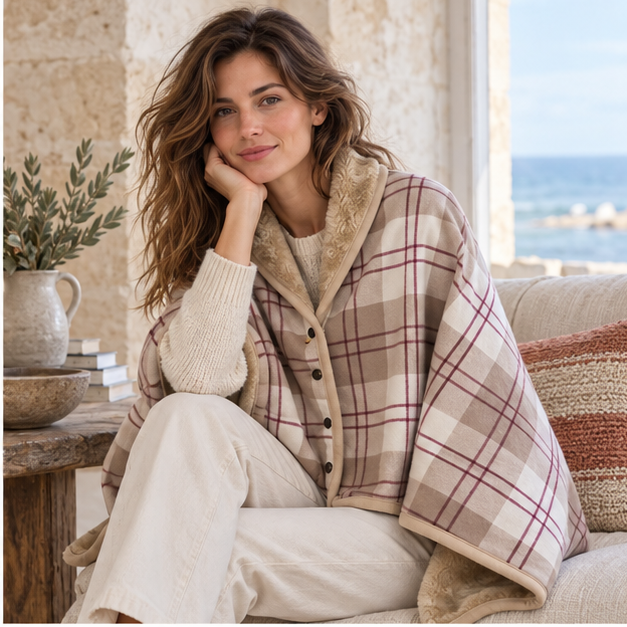 Cape Poncho à Carreaux Beige – Beige / Adulte, dans un intérieur côtier lumineux