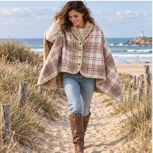 Cape Poncho à Carreaux Beige – Beige / Adulte, porté en mouvement au bord de l’océan