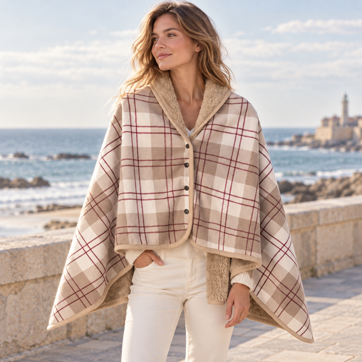 Cape Poncho à Carreaux Beige – Beige / Adulte, visuel principal lifestyle