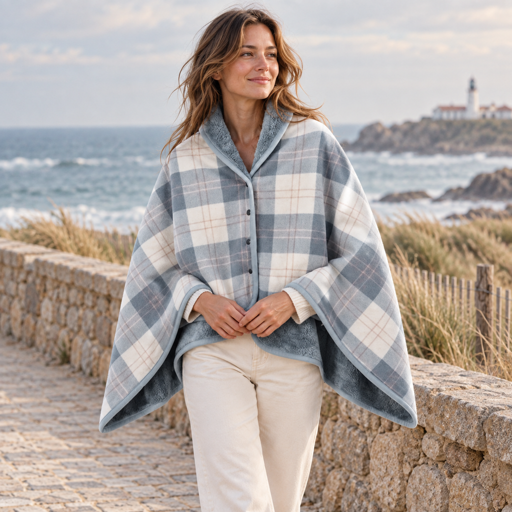 Cape Poncho à Carreaux Bleu Clair – Bleu Clair / Adulte, en situation sur la côte Atlantique